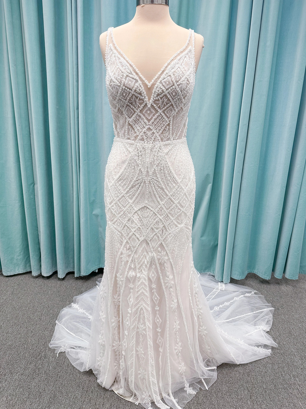 Beaded Fit and Flare Wedding Dress with Geometric Embellishments and Champagne
